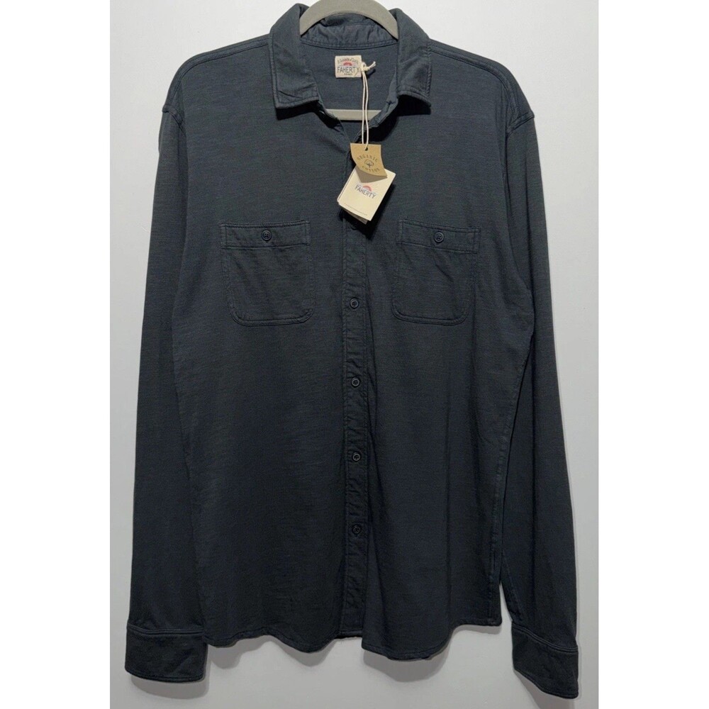 NWT Faherty Brand Knit Cotton Long Sleeve Button-Up Shirt Blue Nights Size L